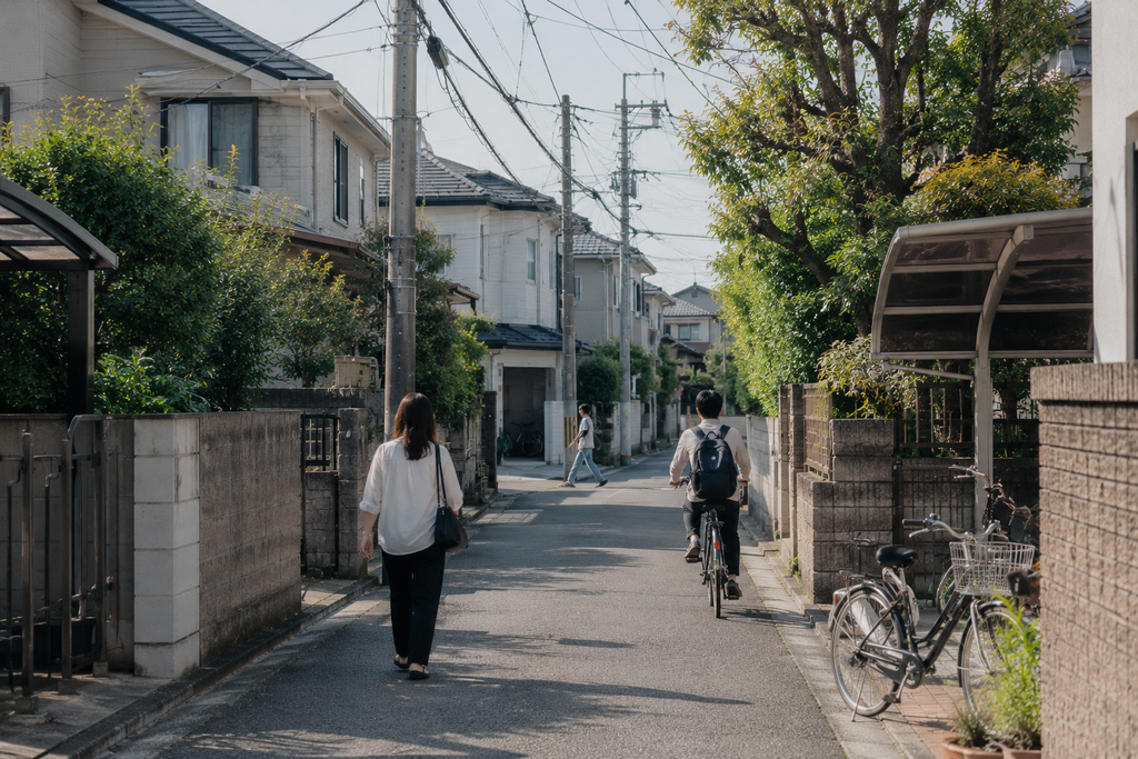 Rua residencial japonesa com moradores caminhando em um bairro tranquilo.