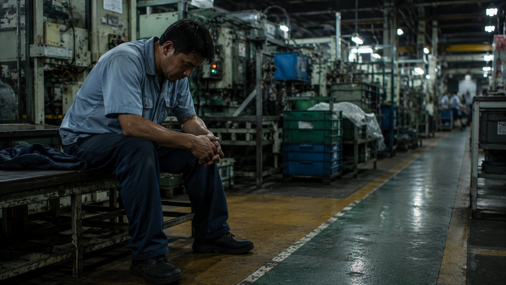 Trabalhador em fábrica no Japão após jornada de trabalho