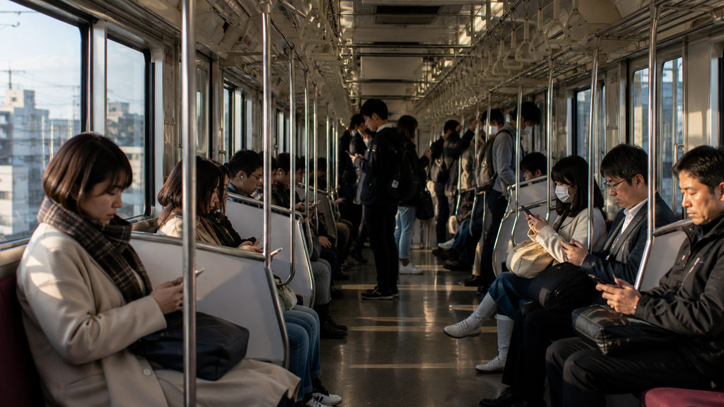 Passageiros em silêncio dentro de um trem japonês.