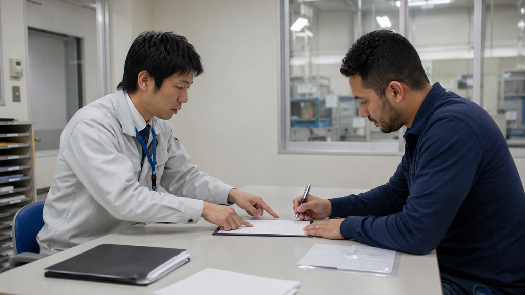 Trabalhador assinando contrato de contratação direta com uma empresa japonesa durante o processo de admissão.