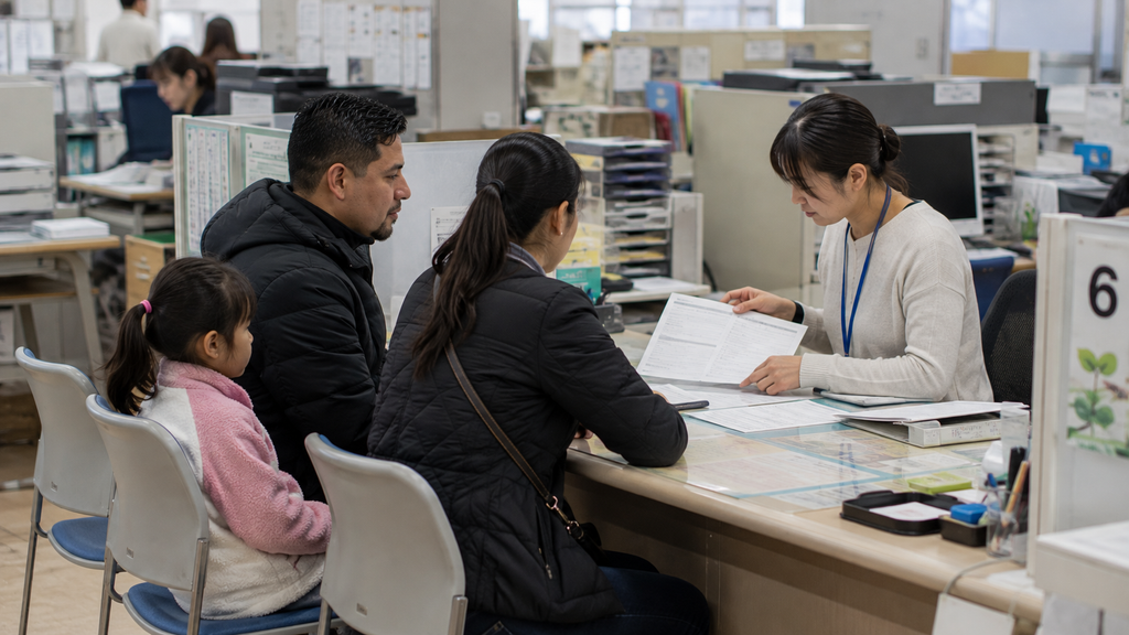Família estrangeira recebendo orientação sobre matrícula escolar em um órgão público no Japão.