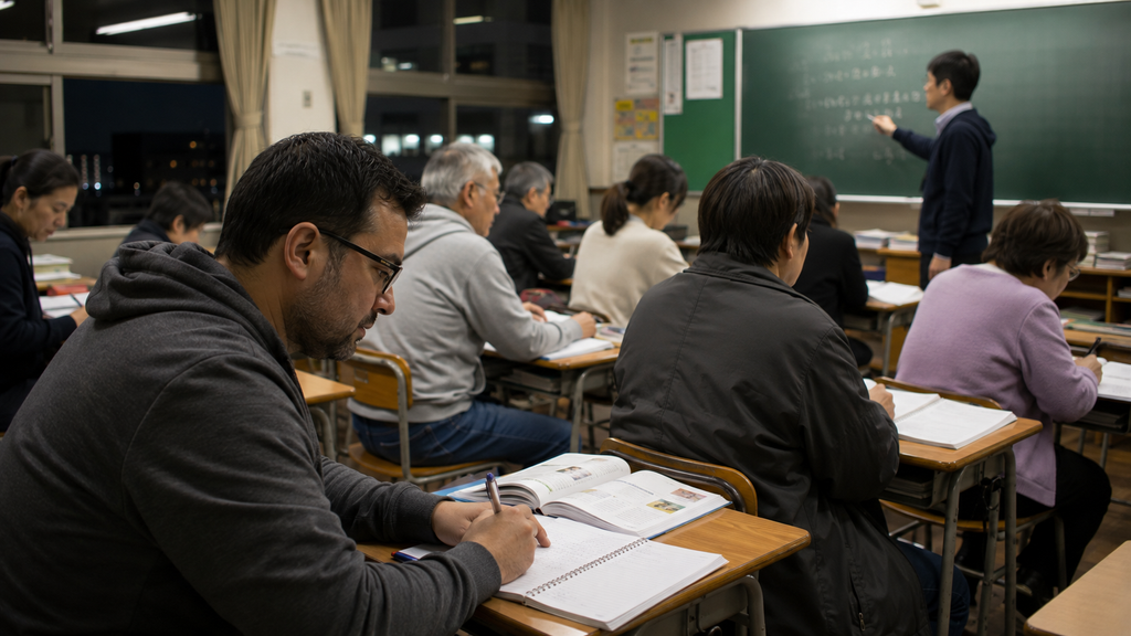 Adultos estudando em uma escola noturna de nível equivalente ao Chūgakkō no Japão.