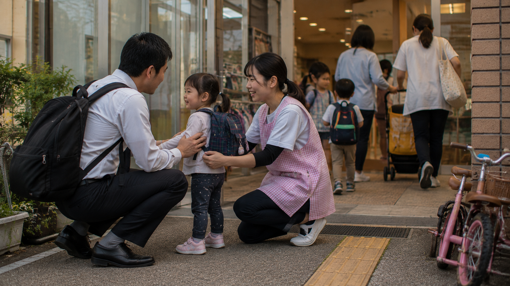 Responsável deixando uma criança em uma instituição de educação infantil no Japão.