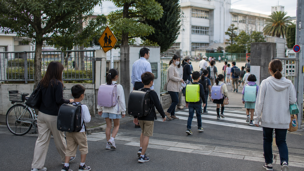 Crianças chegando a uma escola pública japonesa no início do dia letivo.