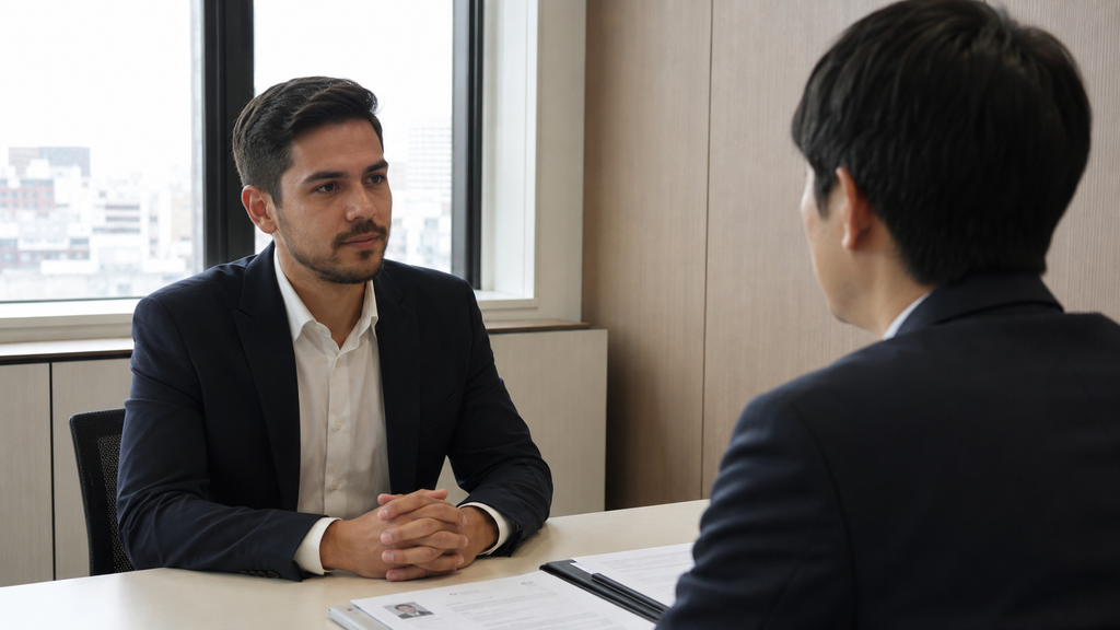 Candidato estrangeiro participando de entrevista de emprego no Japão.