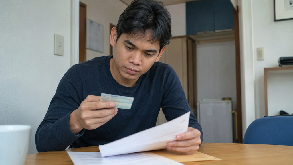 Estrangeiro conferindo seu cartão de residência antes de aceitar uma vaga de emprego no Japão.