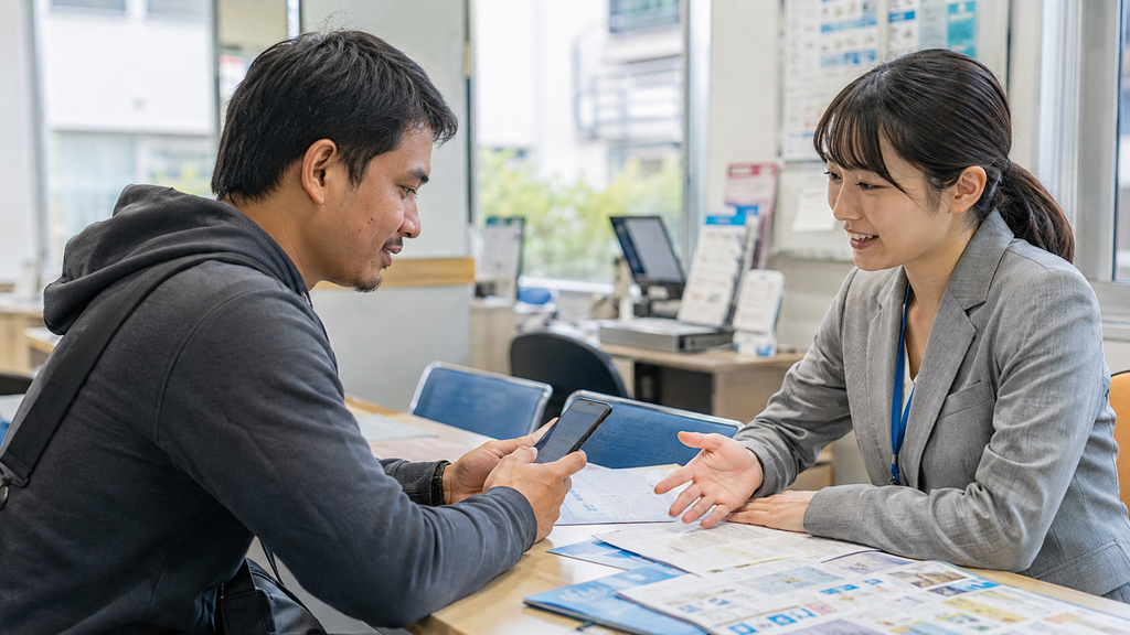 Estrangeiro pesquisando vagas de emprego e recebendo apoio de como buscar emprego no Japão