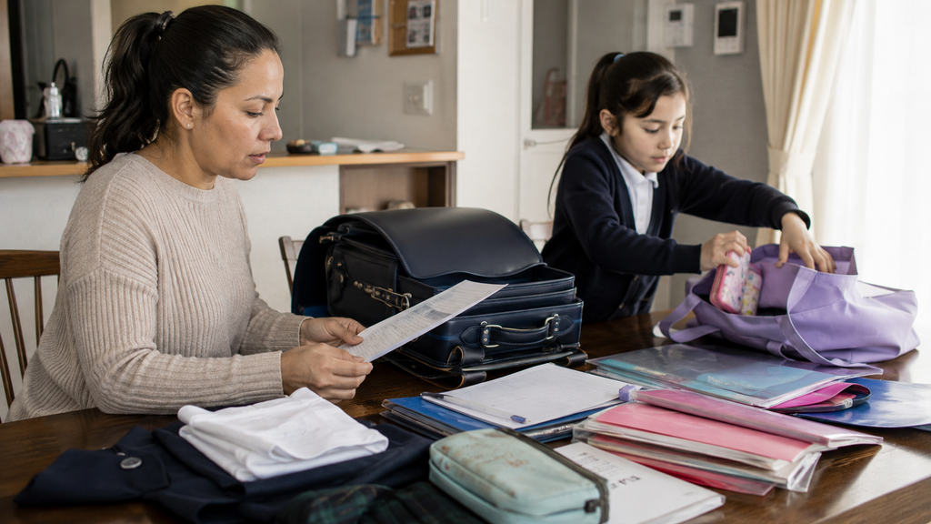 Família organizando materiais e despesas escolares de uma criança no Japão.