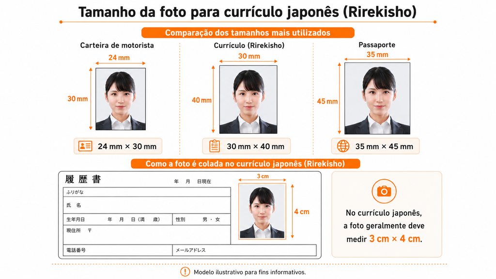 Comparação de tamanhos de foto para currículo japonês Rirekisho com exemplo de 3 por 4 centímetros