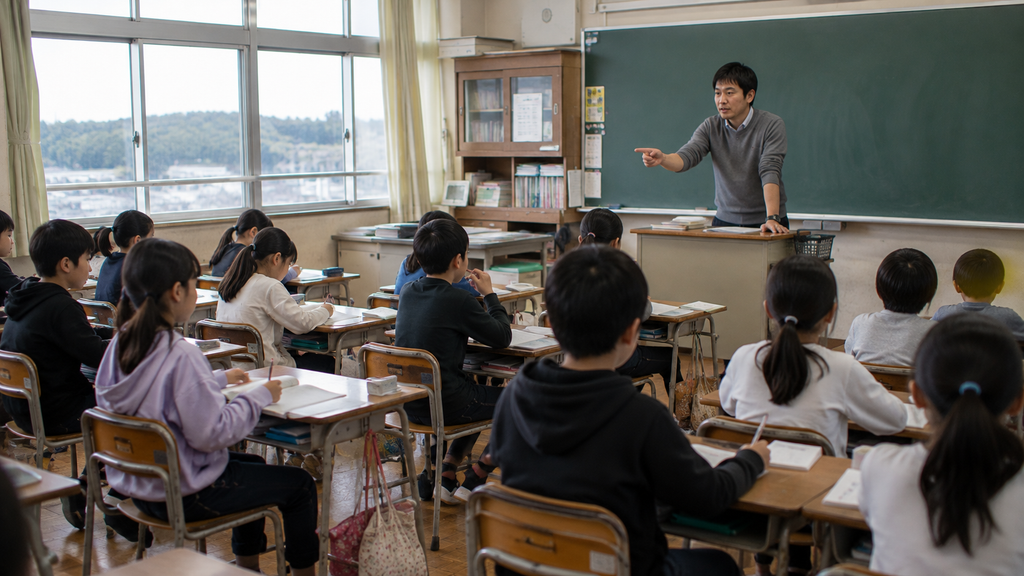 Alunos participando de uma aula em uma escola pública de Ensino Fundamental no Japão.