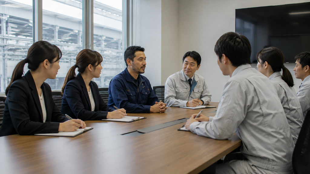 Funcionário contratado diretamente participando de uma reunião de integração em uma empresa japonesa.