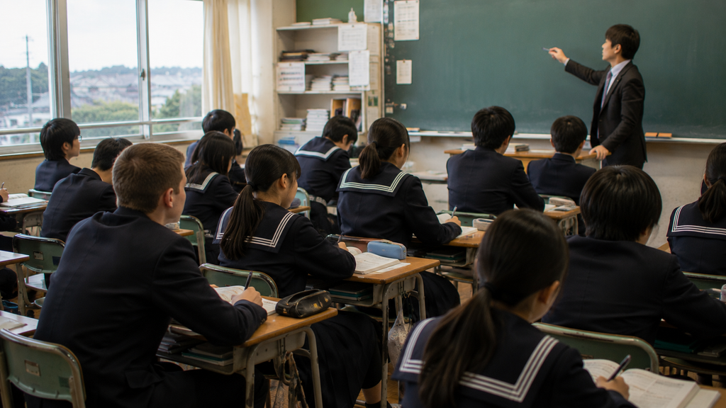 Estudantes participando de uma aula de Chūgakkō em uma escola japonesa.