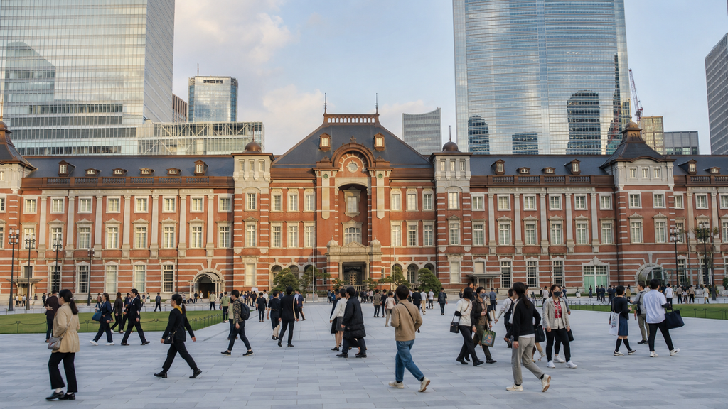 Fachada histórica da Tokyo Station vista da região de Marunouchi, em Tóquio.