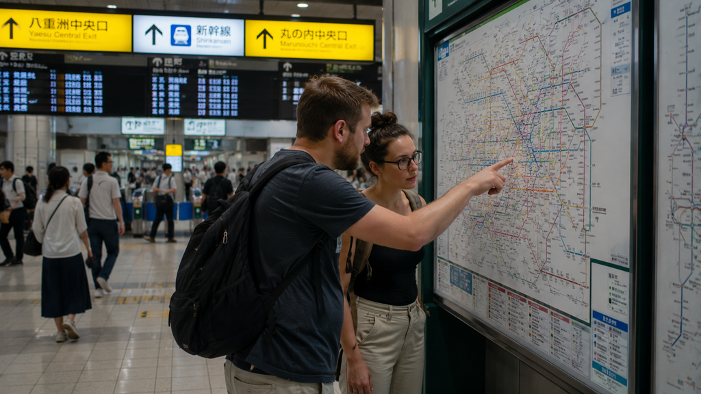 Turistas consultando o mapa ferroviário de uma estação para planejar um roteiro por Tóquio.