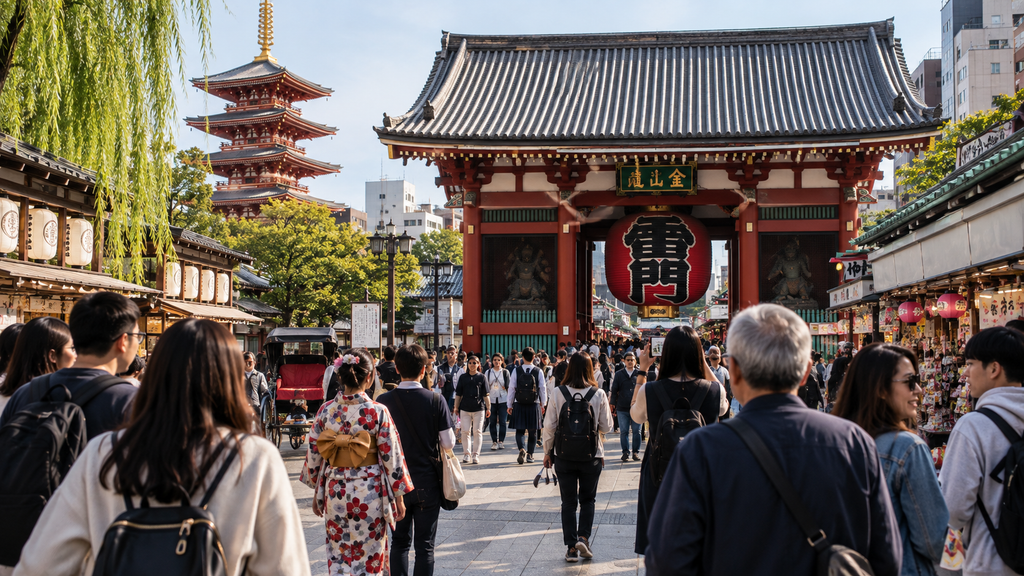 Visitantes caminhando pela região tradicional de Asakusa, em Tóquio.