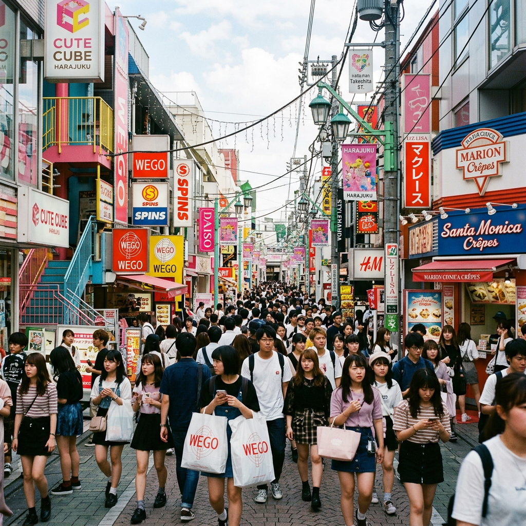 Crowded pedestrian street with colorful shop signs and many young people shopping