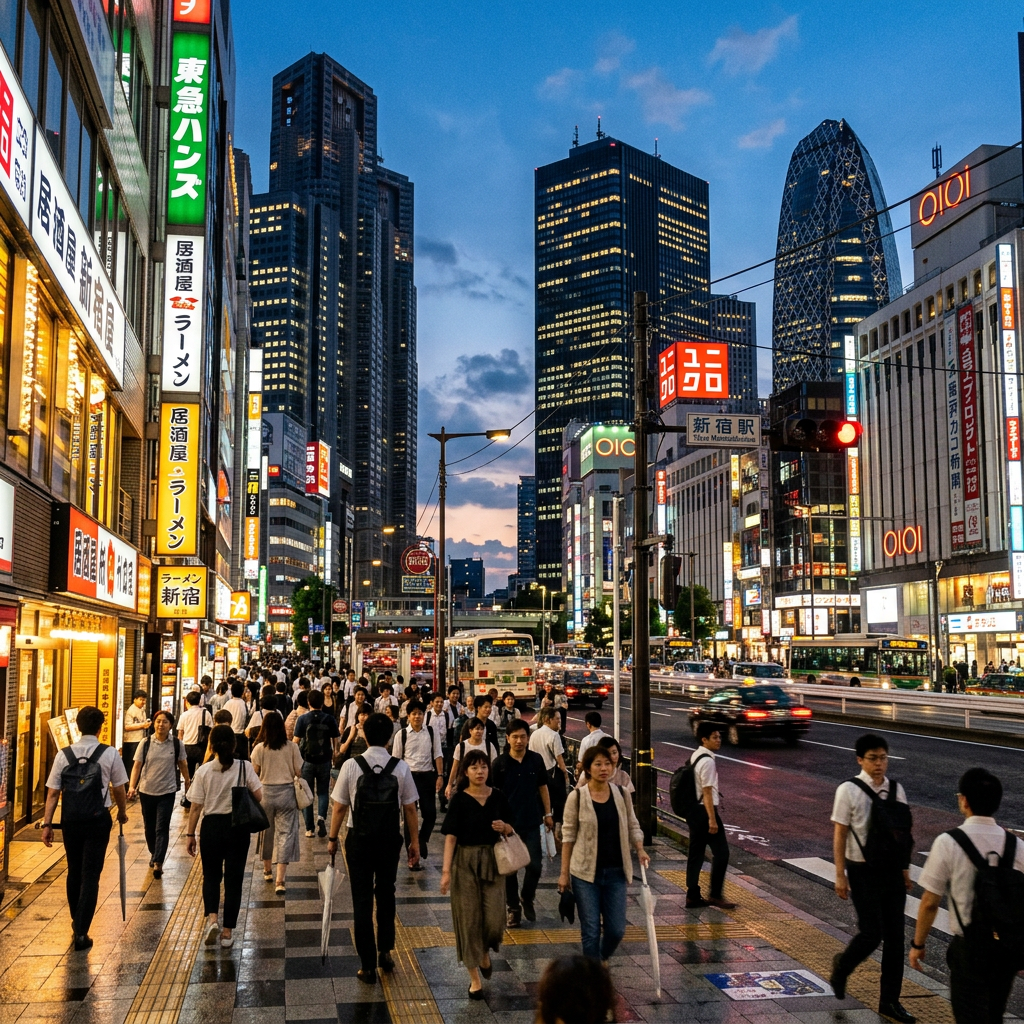 Pedestres caminhando entre os edifícios de Shinjuku durante uma visita a Tóquio.