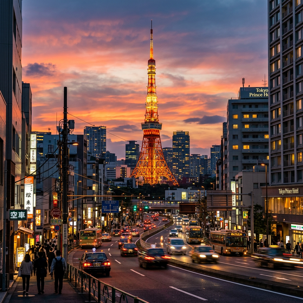 Tokyo Tower vista entre a paisagem urbana durante um passeio pela região central de Tóquio.