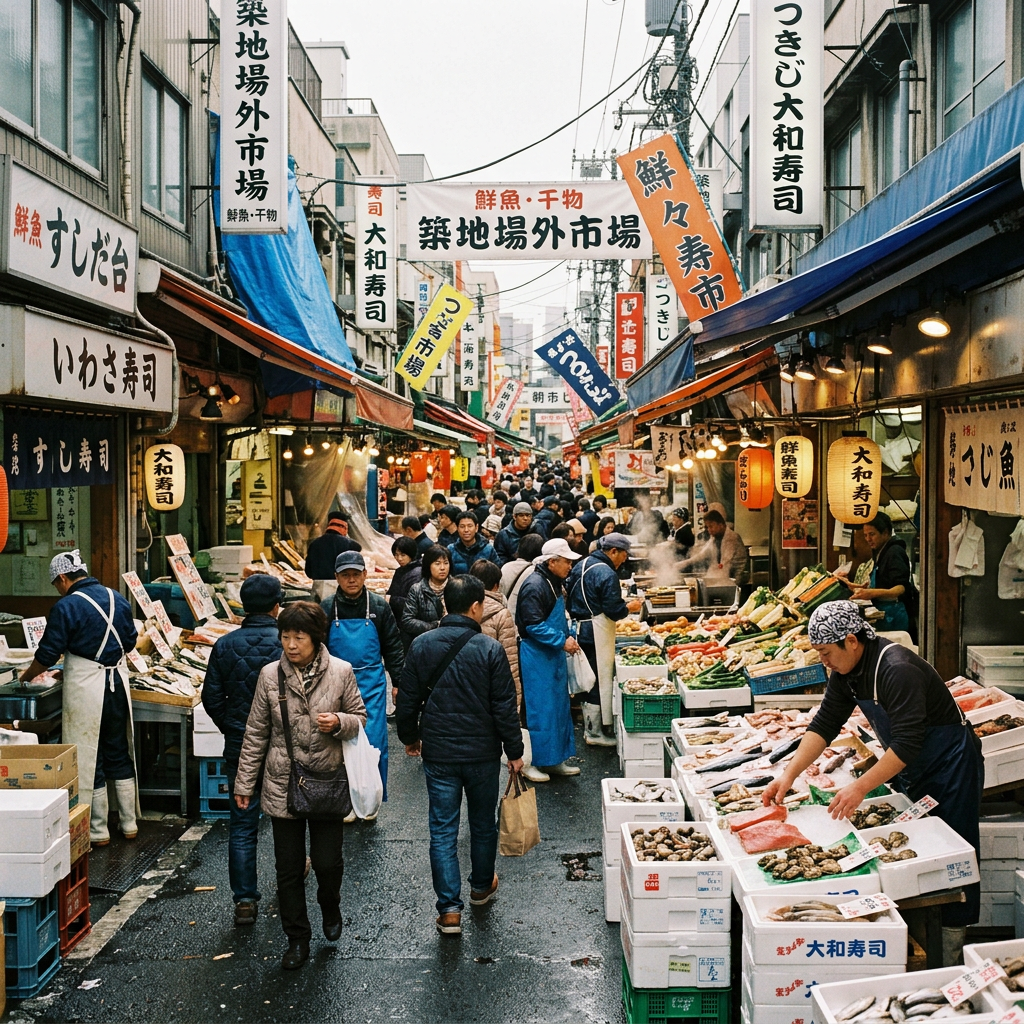 Visitantes caminhando entre lojas do Tsukiji Outer Market durante a manhã em Tóquio.