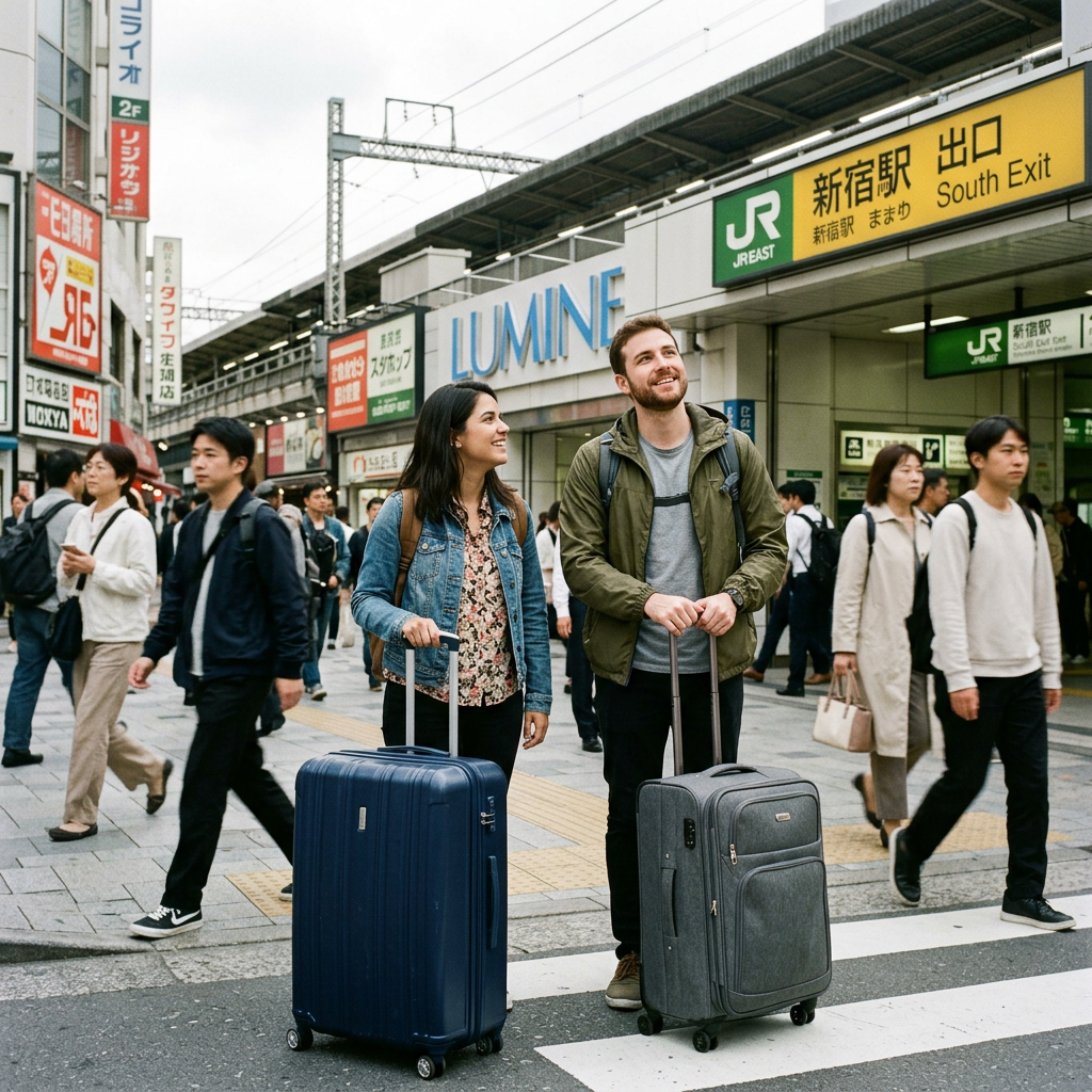 Two travelers with suitcases standing outside Shinjuku Station South Exit in Tokyo surrounded by pedestrians