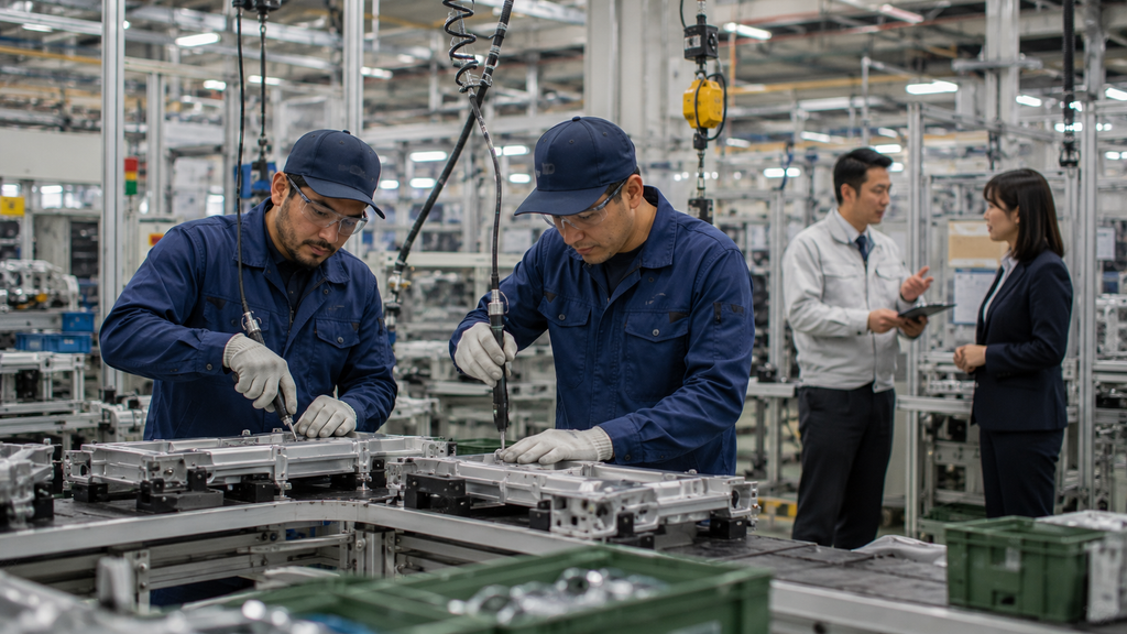 Dois trabalhadores desempenhando a mesma função em uma fábrica japonesa, representando a comparação entre contratação direta e trabalho por empreiteira.