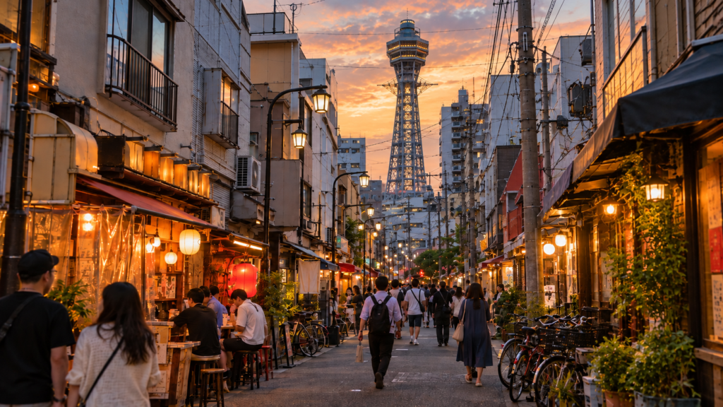 Rua de Shinsekai com a Tsutenkaku ao fundo em Osaka