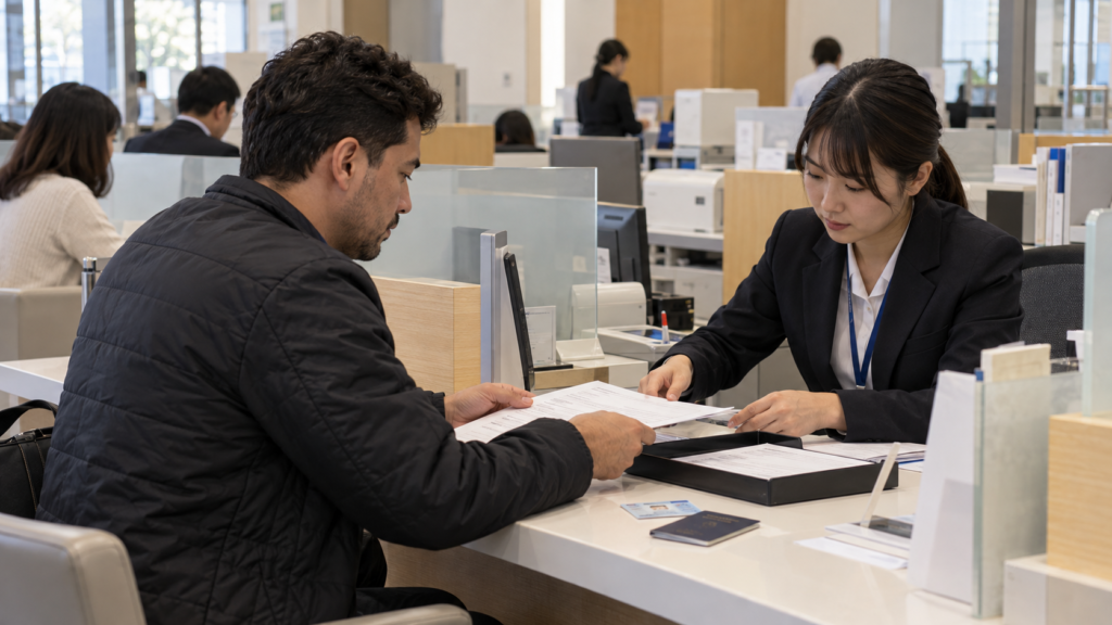 Estrangeiro realizando abertura de conta em agência bancária no Japão