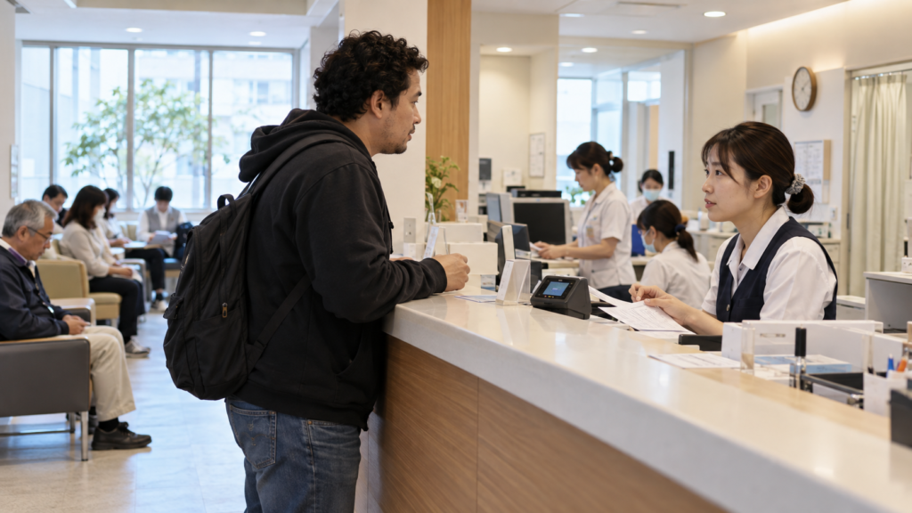 Paciente realizando o atendimento na recepção de uma clínica japonesa.