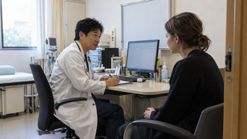 Consulta médica em uma clínica no Japão.
