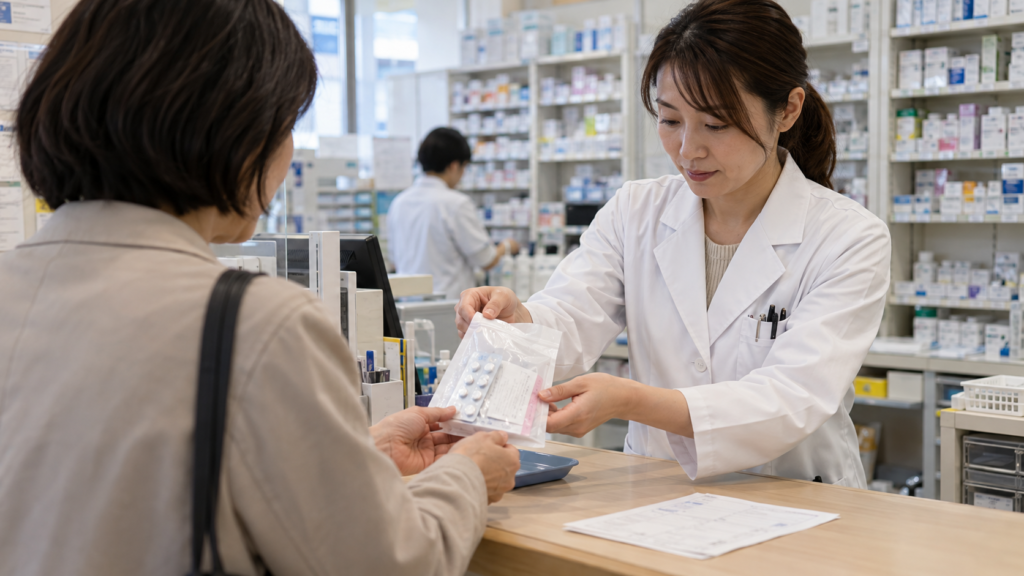 Paciente recebendo medicamentos em uma farmácia no Japão.
