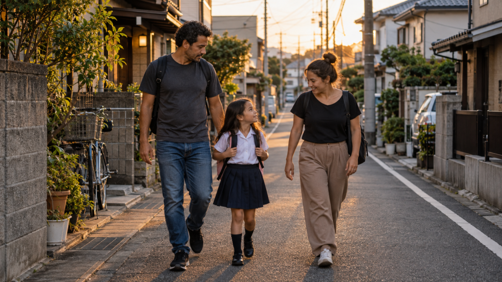 Família brasileira vivendo em bairro residencial no Japão