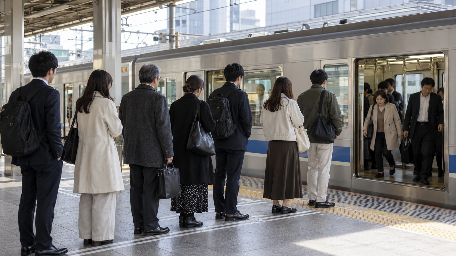 Passageiros aguardando em fila para embarcar em um trem no Japão