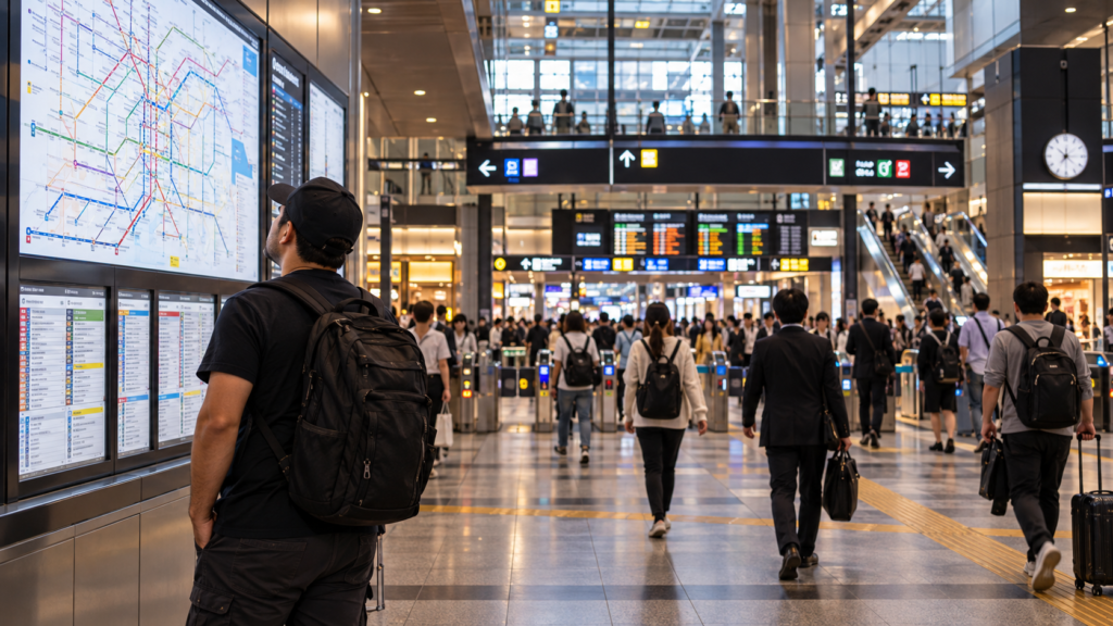 Turista consultando informações dentro de uma grande estação ferroviária de Osaka