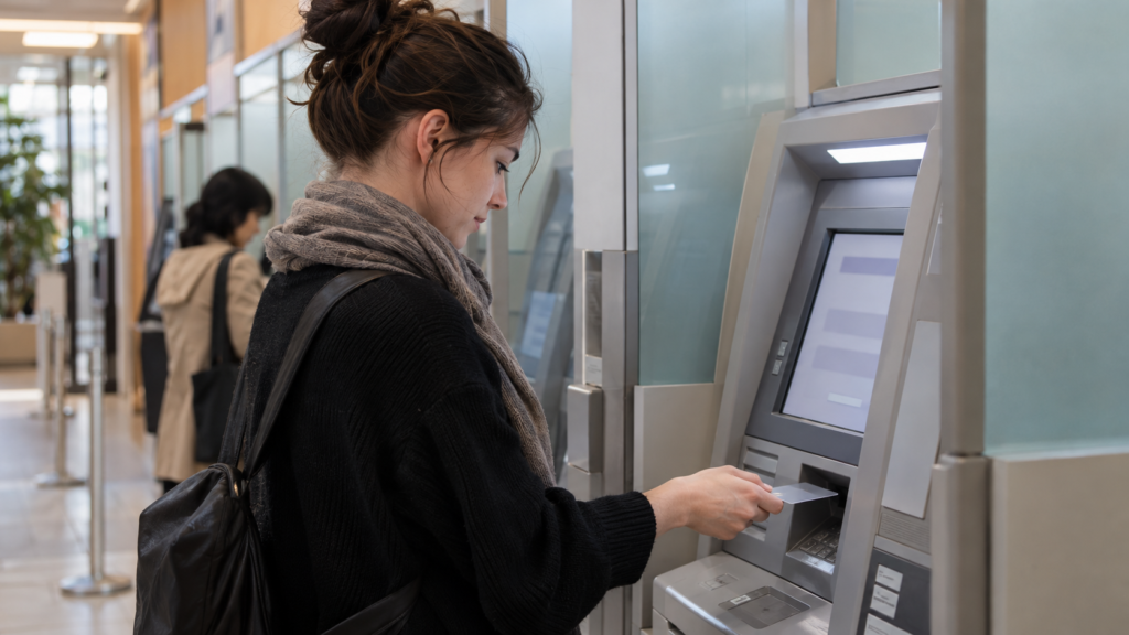 Pessoa utilizando caixa eletrônico após abrir conta bancária no Japão