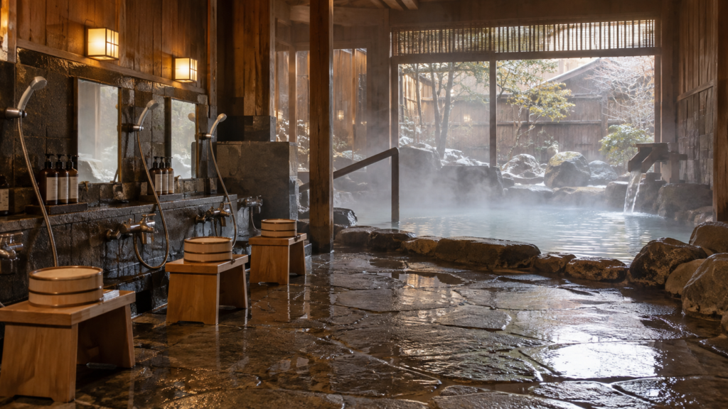 Área de banho de um onsen japonês com bancos e chuveiros