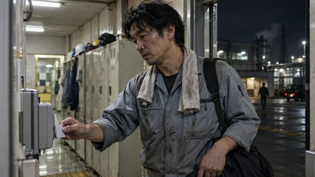 Trabalhador registrando a saída após um turno noturno no Japão