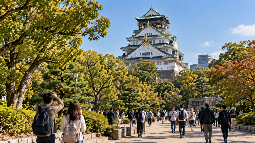 Castelo de Osaka visto a partir dos caminhos do parque