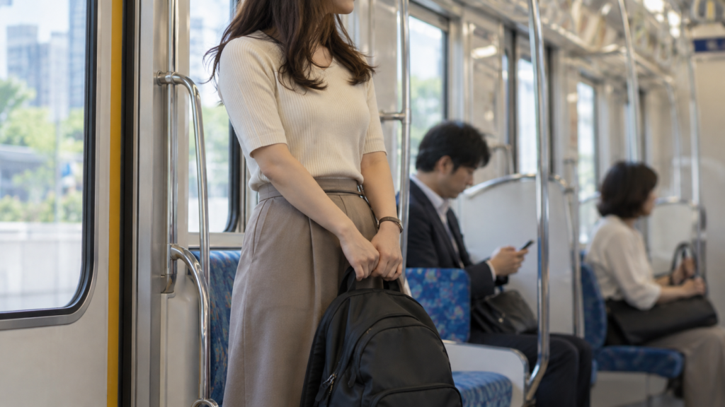 Etiqueta no Japão - Passageiro segurando a mochila à frente dentro de um trem no Japão